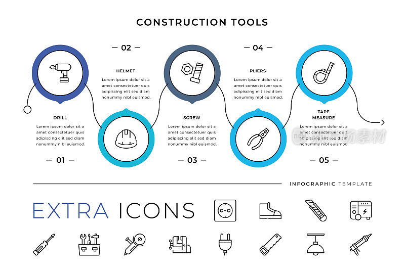 施工工具线图标和信息图形模板