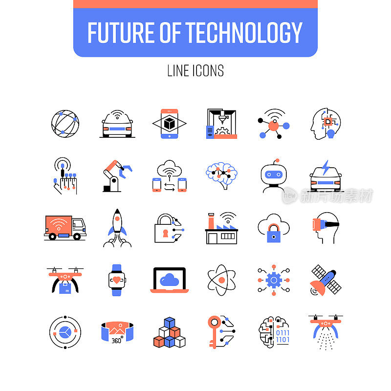 未来技术线图标集。增强现实，人工智能，智能汽车，区块链