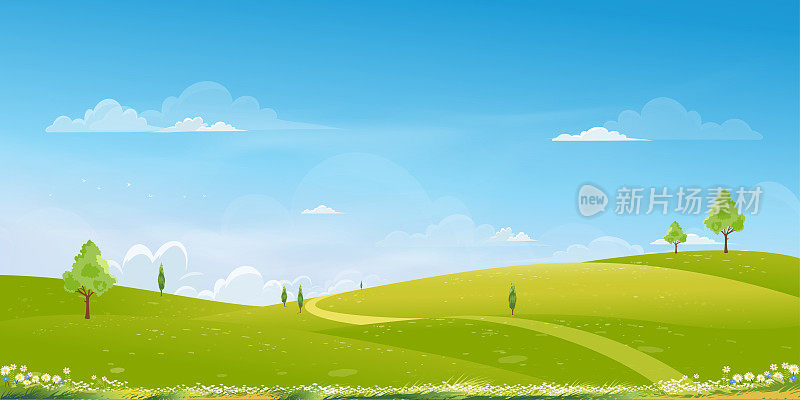 春天的背景与绿草地景观与山，蓝天和云，全景夏季乡村自然与草地在山上。卡通矢量插图背景横幅