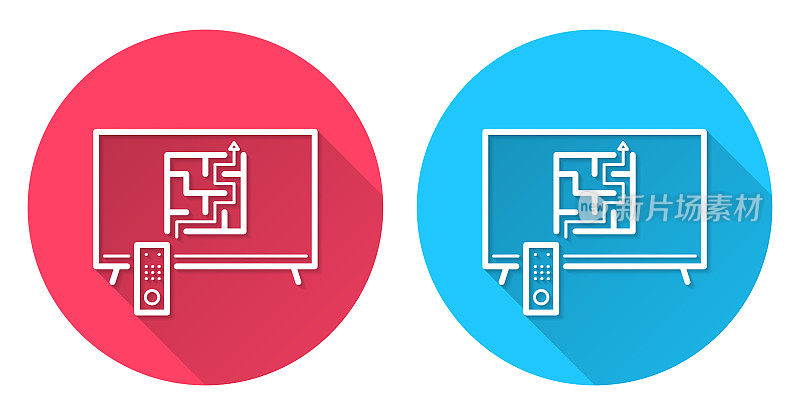 有迷宫的电视。圆形图标与长阴影在红色或蓝色的背景