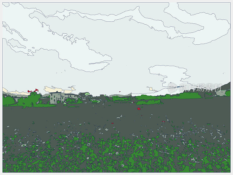 线条绘制霓虹立体卡通画场景，户外野外自然景观