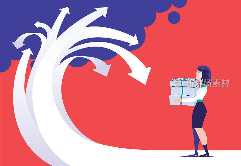 女商人手里拿着一叠钱,看着方向箭头