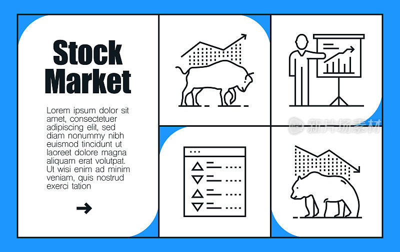 股票市场线图标集和横幅设计。分析，牛市，熊市，交易平台，市场趋势