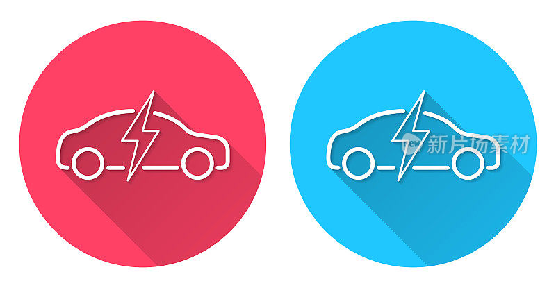 电动汽车充电。圆形图标与长阴影在红色或蓝色的背景