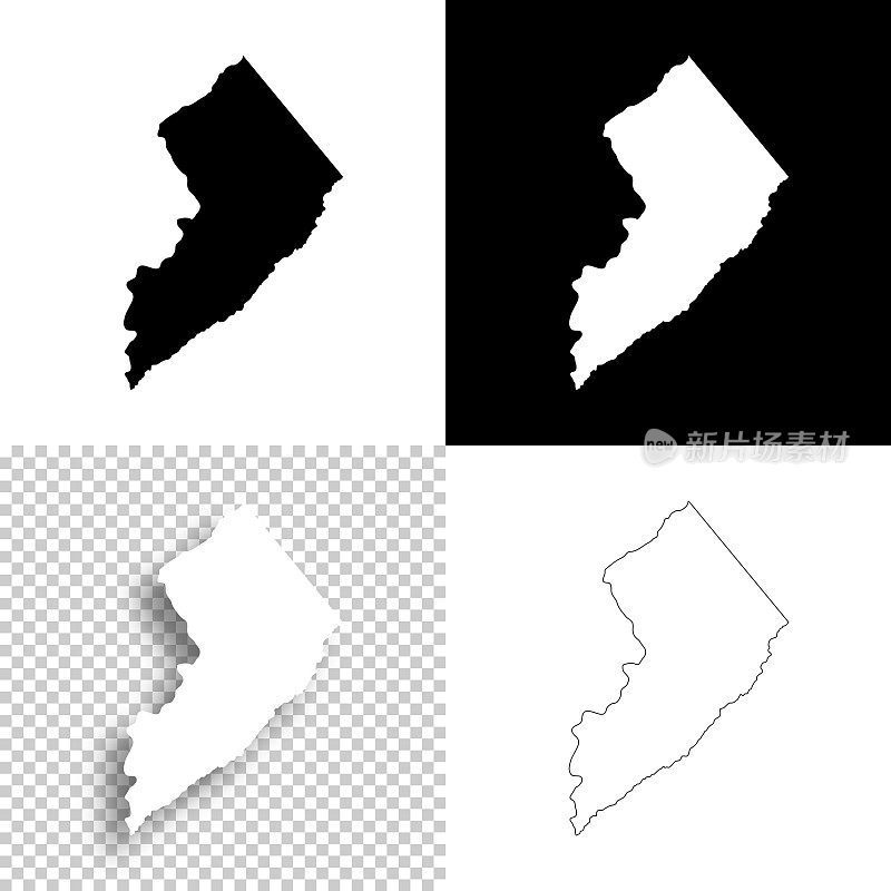 沃伦县，新泽西州。设计地图。空白，白色和黑色背景