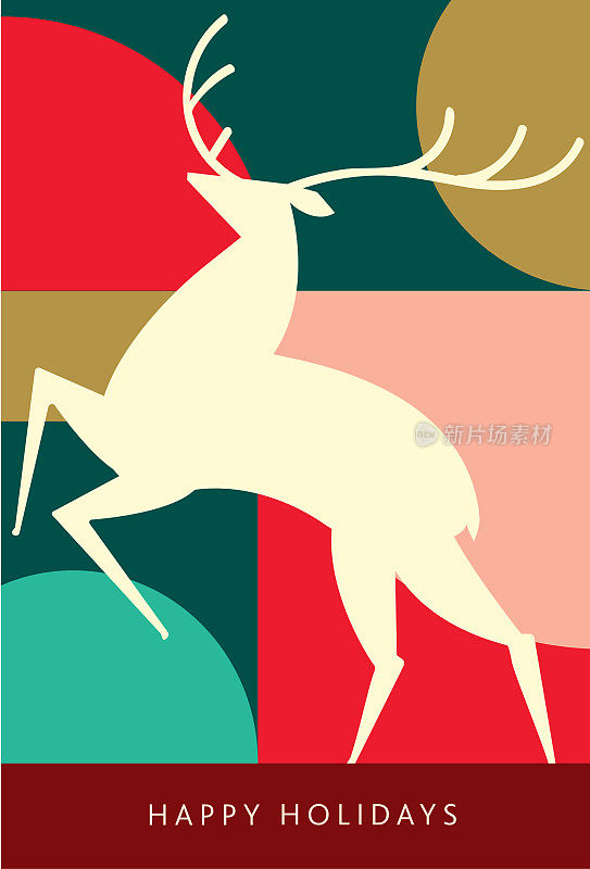 节日快乐问候抽象几何彩色马赛克贺卡平面设计模板与鹿