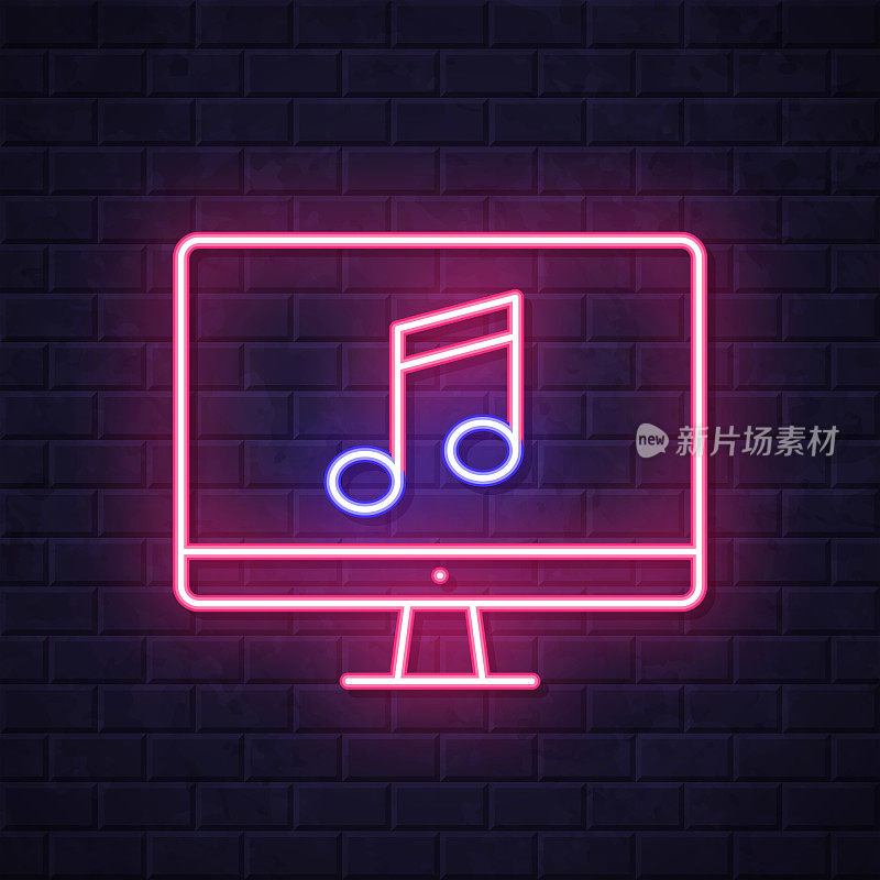 台式电脑上的音乐。在砖墙背景上发光的霓虹灯图标