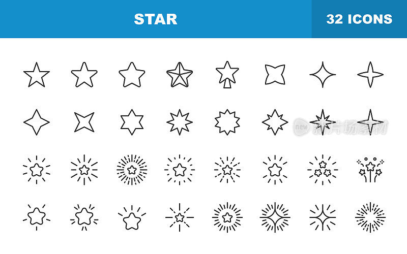 星形线图标。可编辑的中风。包含这样的图标，星形，评级，质量，奖项，镜头耀斑，魅力，火花，装饰，烟花。