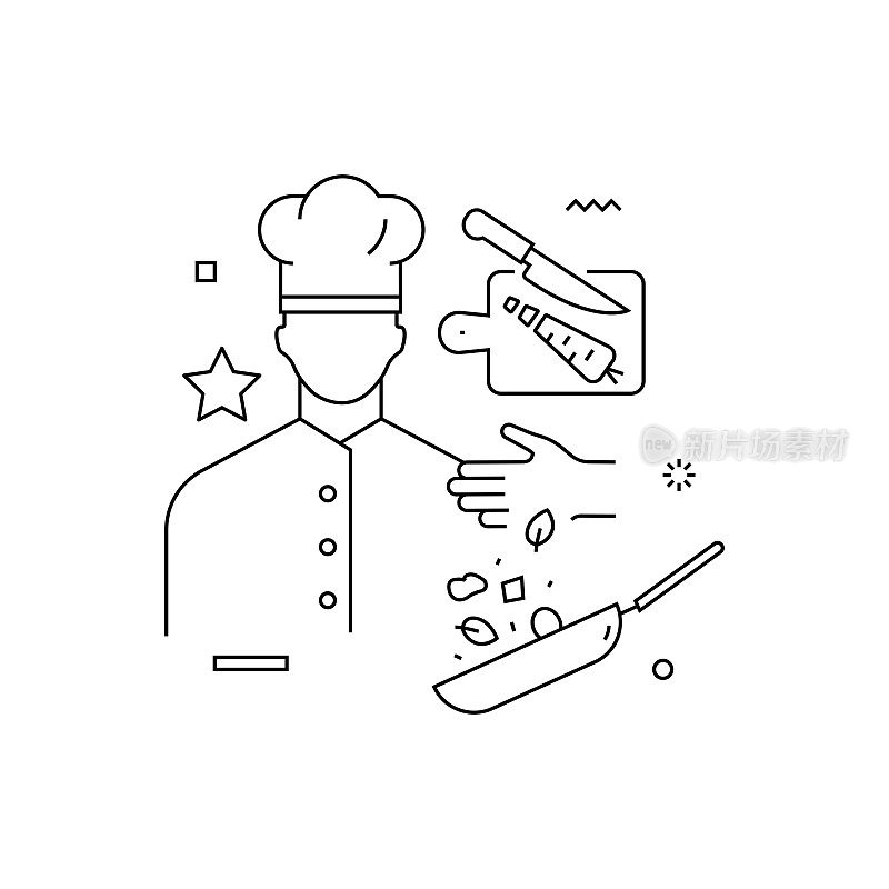 烹饪大师班相关设计与线条图标。简单轮廓符号图标。厨师，学习，烹饪课。