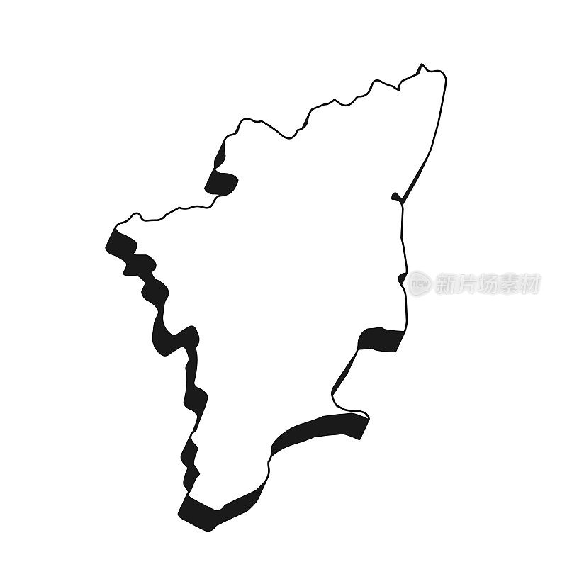 泰米尔纳德邦地图，黑色轮廓，白色背景上的阴影