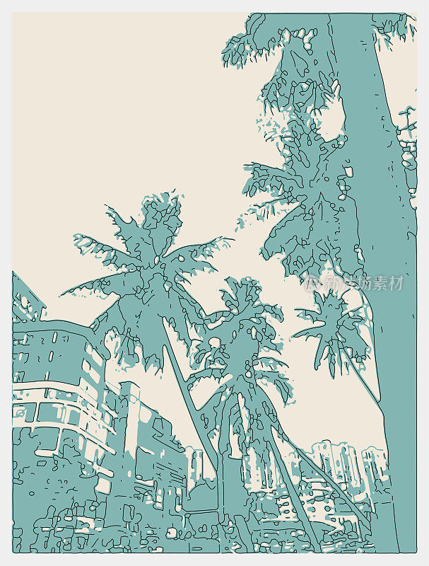 在街景插图背景中勾勒出risograph风格的棕榈树
