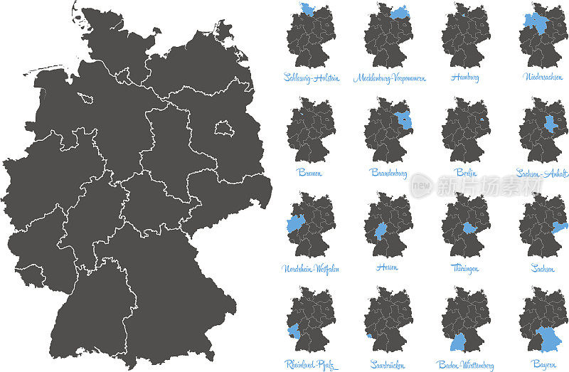 德国地图与联邦州向量集