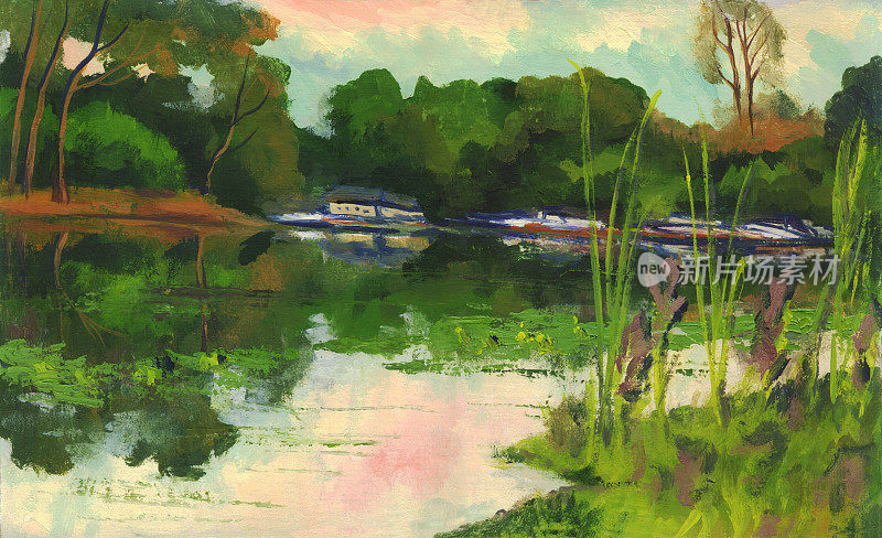 夏天的风景。在河里倒映的树木。油画