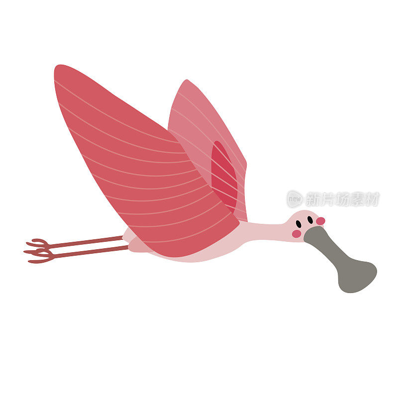 飞玫瑰琵鹭鸟动物卡通人物矢量插图。