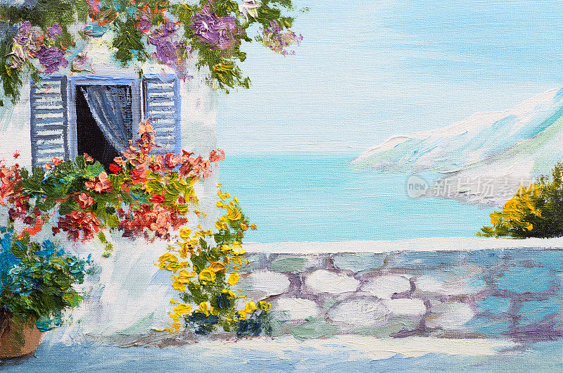 油画-圣托里尼，海边的房子，海滨;海岸