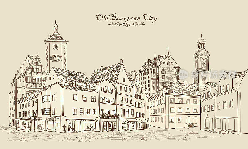 老城区的街头咖啡馆。城市:塔,城堡。古老的广场。