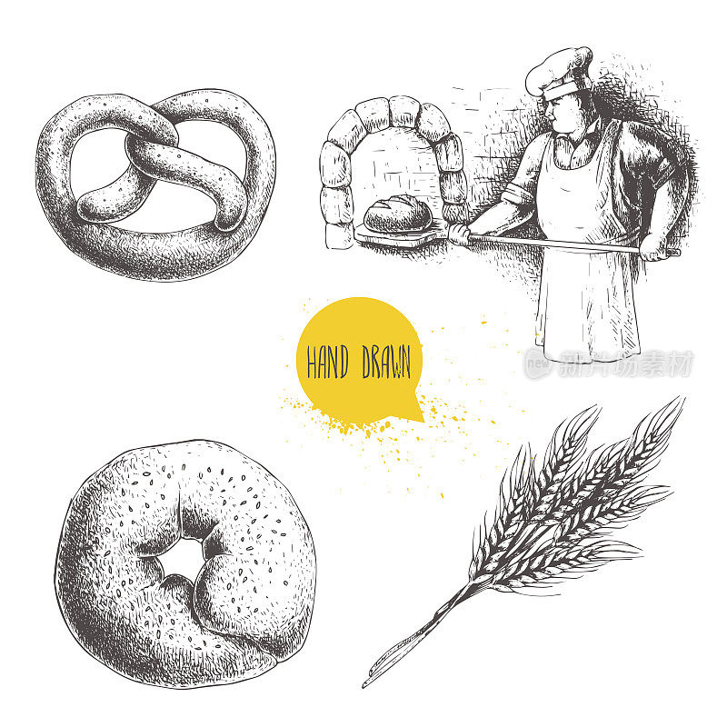 手绘set面包房插图。面包师正在用石炉、芝麻面包圈、德国椒盐卷饼和小麦束制作新鲜面包。