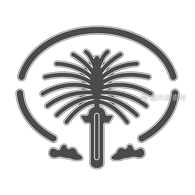 朱美拉棕榈岛图标在黑色风格孤立的白色背景。阿拉伯酋长国符号股票矢量插图。