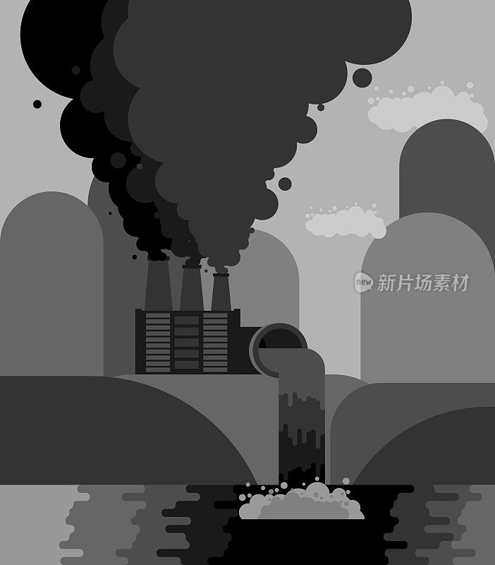 工业景观。植物排放到河里。环境污染。工厂的管道冒出黑烟。生态catastrophy。矢量图
