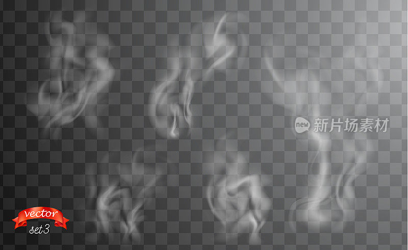 白色的香烟烟雾袅袅。白色热蒸汽在杯子上为黑暗和透明的背景。套装烟对食物，茶和咖啡。魔法蒸汽，雾，云，气体或雾矢量插图。朦胧的香味