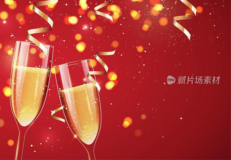 两杯香槟配上闪闪发光的假日背景。恭贺新年佳节。