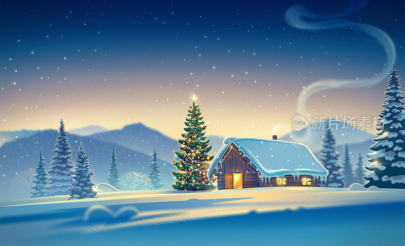 有房子和圣诞树的冬季景观