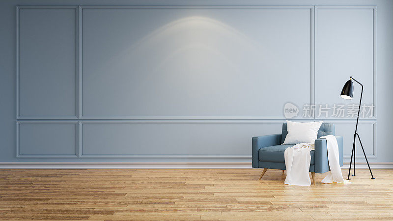 现代简约的客厅内部，木地板和蓝色墙壁上的蓝色扶手椅，3d渲染