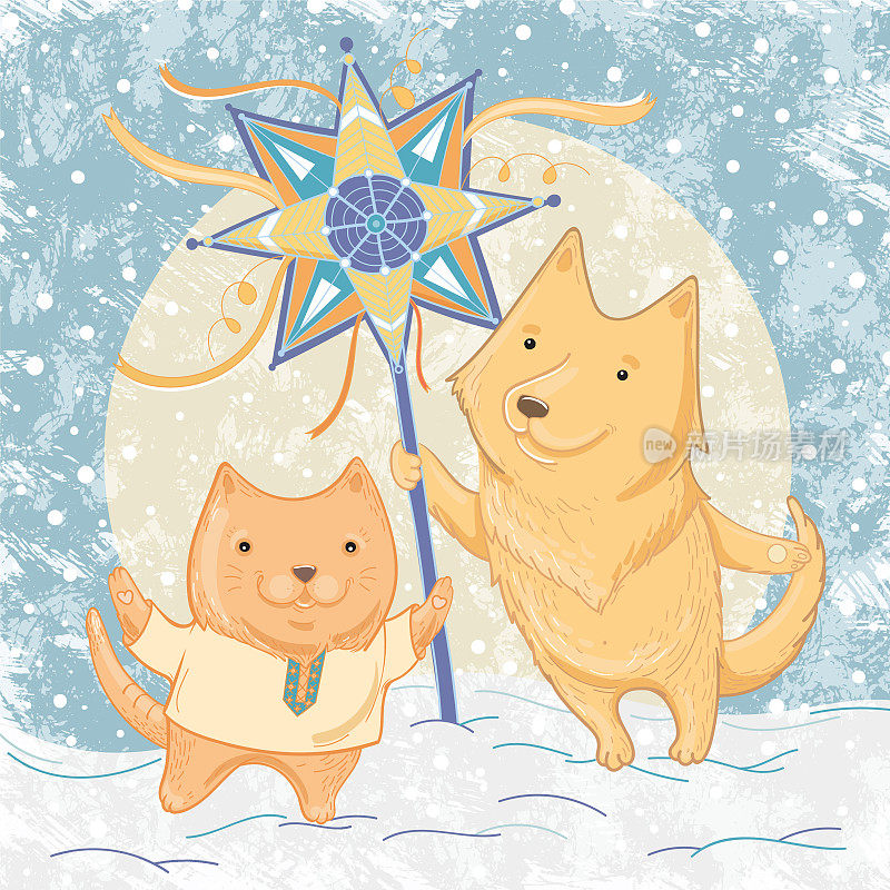 矢量插图的圣诞颂歌与狗和猫