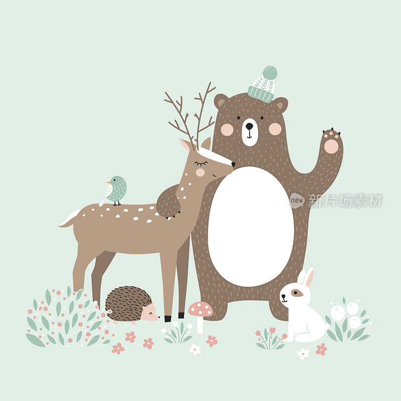 矢量插图，森林动物，鹿，熊，兔子，刺猬，鸟