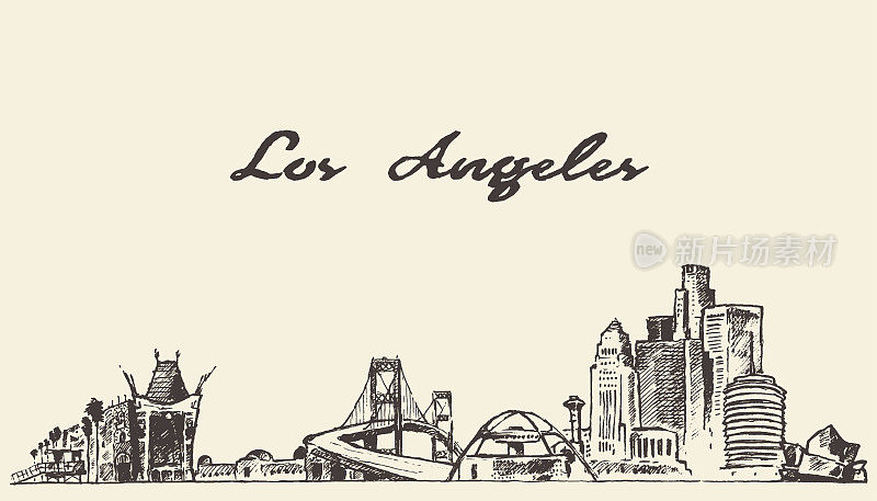 洛杉矶天际线矢量手绘草图