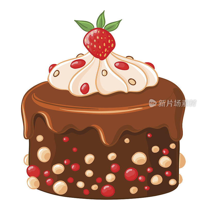 卡通图标巧克力咖啡蛋糕配焦糖糖浆，草莓和鲜奶油。
