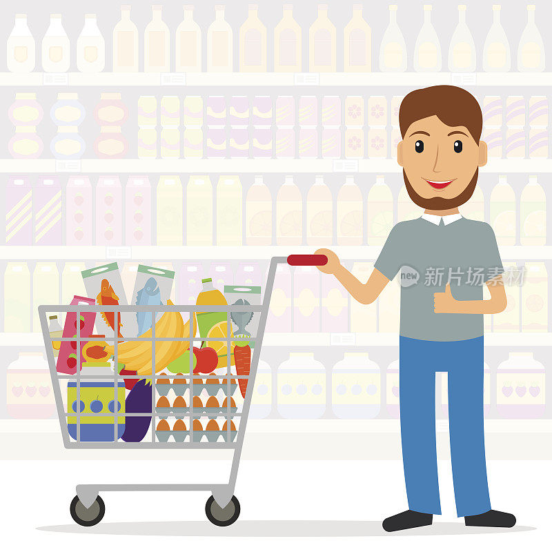 在超市或杂货店里推着购物车买食物的人。男性顾客。EPS10矢量插图在平面风格。