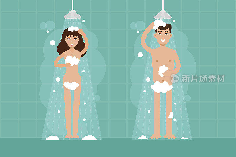 男人和女人在浴室洗澡。矢量字符插图在平面风格。