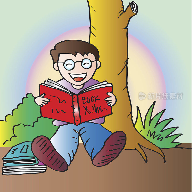 一个男孩在树下看书的插图