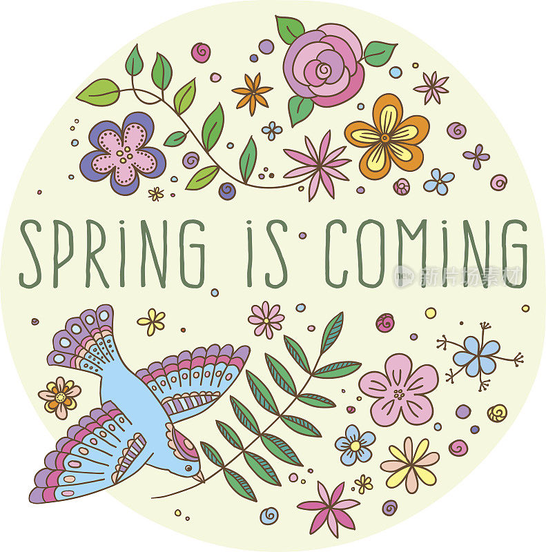 矢量字母春天来了装饰花和鸟元素的白色和米色背景，手绘鲜花和树叶贺卡，邀请和网页设计。矢量插图。