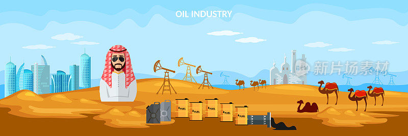 阿拉伯国家的石油生产大旗，阿拉伯人在沙漠中勘探并生产石油