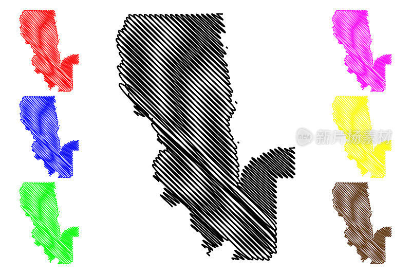 加利福尼亚州萨特县(位于美国加利福尼亚州的县，美国)地图矢量插图，涂鸦素描萨特地图