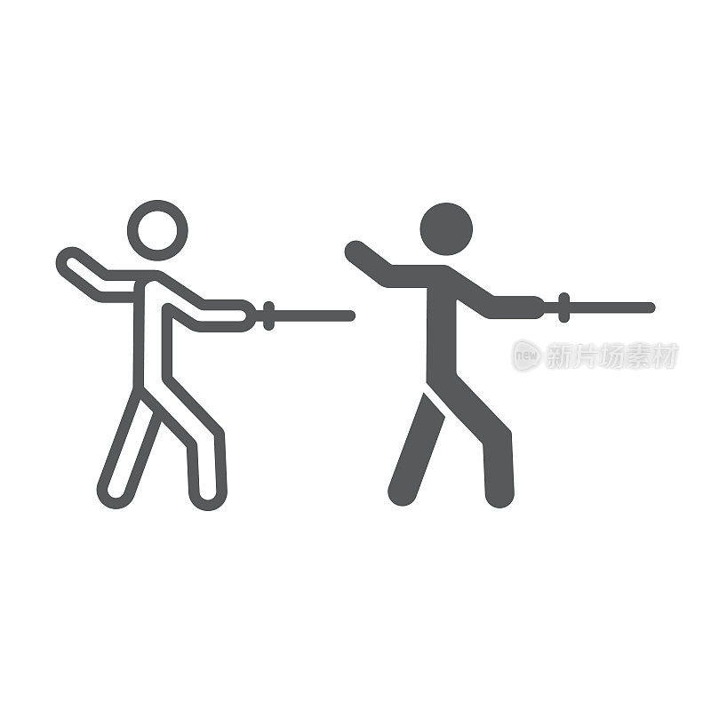 男子击剑线和字形图标，运动和战斗，击剑手标志，矢量图形，白色背景上的线性图案。