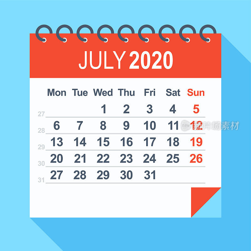 2020年7月-日历。一周从周一开始