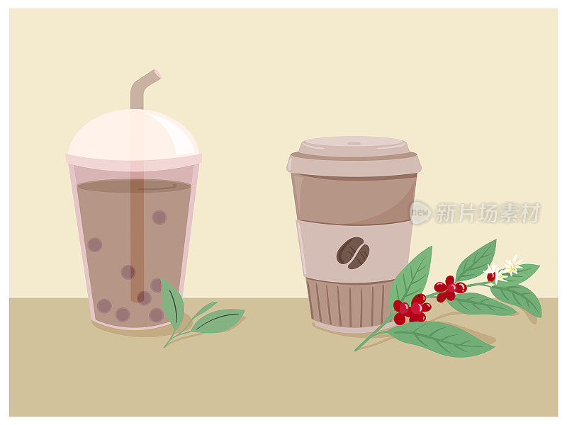 珍珠奶茶和咖啡。平面向量插图。