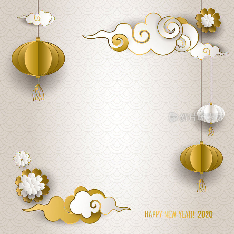 2020年春节快乐。贺卡上点缀着金色白云，彩灯，鲜花在灯光的背景下。亚洲模式。节日邀请函，海报，横幅。论文的风格。矢量插图。