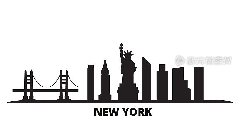 美国纽约市天际线孤立矢量插图。美国，纽约旅游黑色城市景观