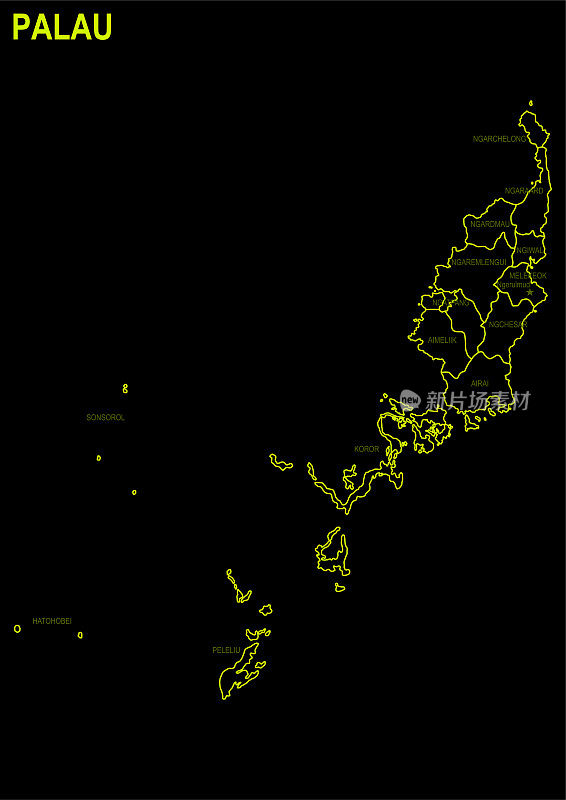 黑色背景下的帕劳霓虹灯地图