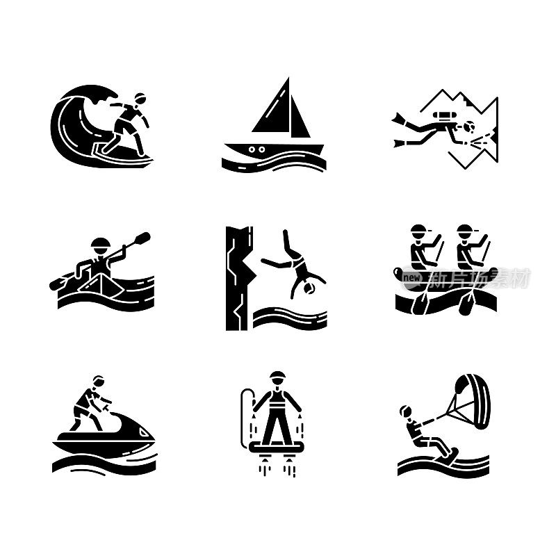 水上运动字形图标集。轮廓符号。洞穴潜水、冲浪、飞行滑板和航海。悬崖跳水、皮划艇和帆板运动。极限运动。向量孤立的插图