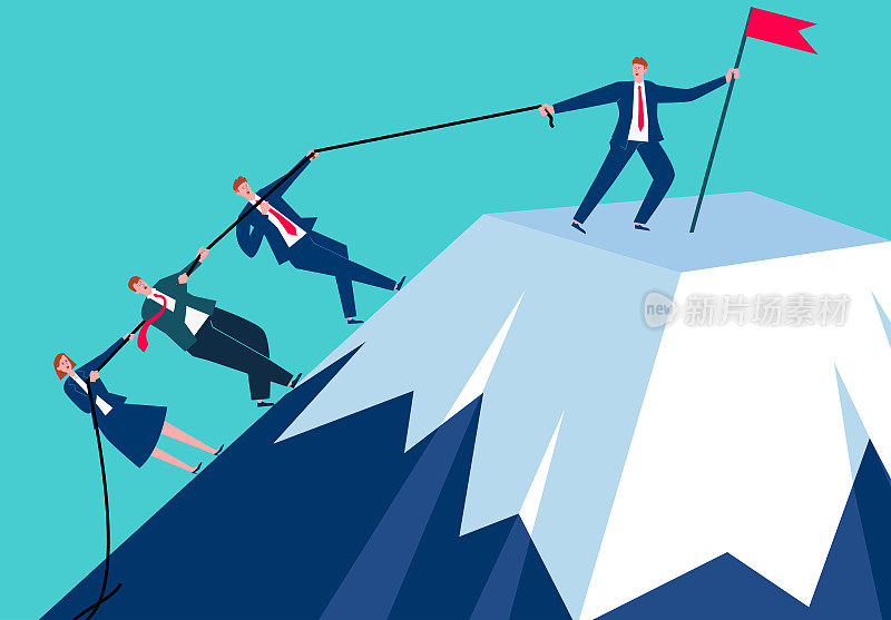 商业人爬到山顶，领导帮团队爬到悬崖，实现目标，商业理念的领导和团队合作