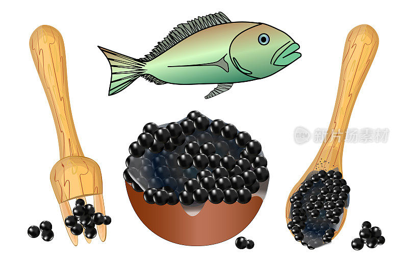 鱼子酱设置孤立在白色背景。碗，叉子，勺子和黑鱼子酱和鱼。