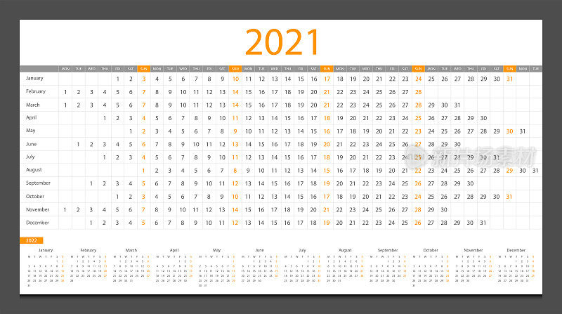 日历2021年，日历2022设计模板周开始星期一。