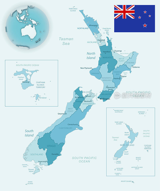 蓝绿色详细地图的新西兰行政区划与国家国旗和位置在全球。