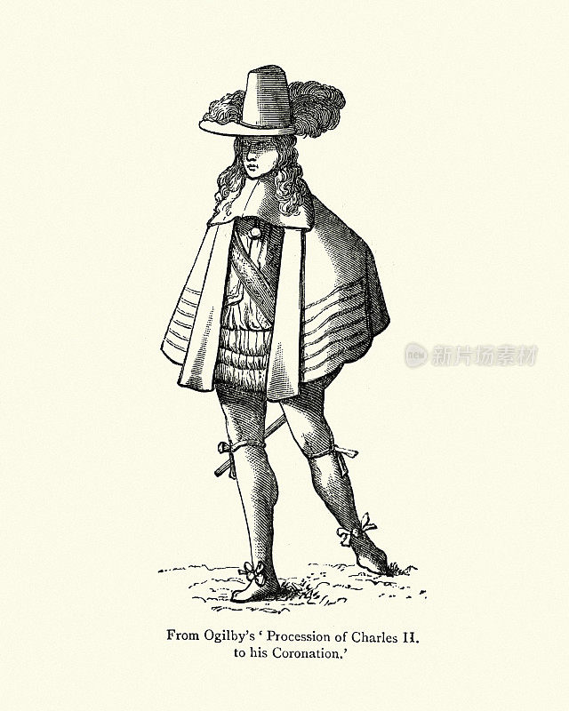 服装男，袜带，短斗篷，长发，17世纪的