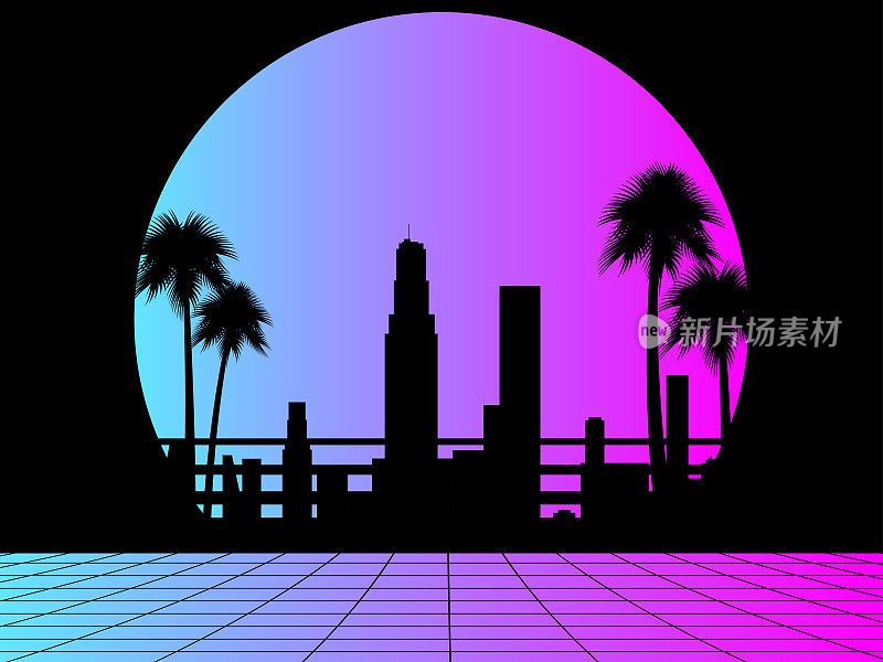 80年代复古科幻城市。城市景观与棕榈树和未来的日落。合成波和逆波风格。矢量图
